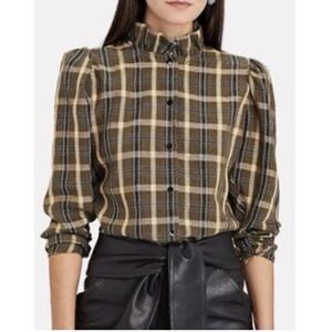 Les Coyotes De Paris Womens Shirt Sz 40 US 8 Plaid High Neck Puff Sleeve #QR10-5